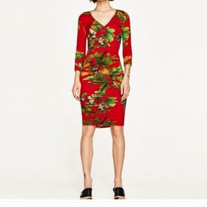 Zara Woman Plunge Ruching Tropical Draped Bodycon Dress sz XS